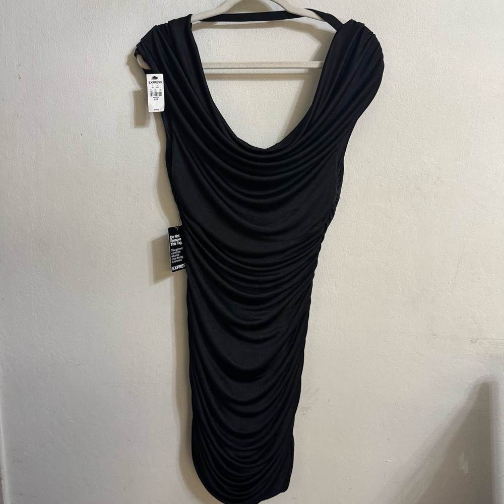 Express Black Bodycon Dress with Cowl Neck and Ruched Details for Cocktail